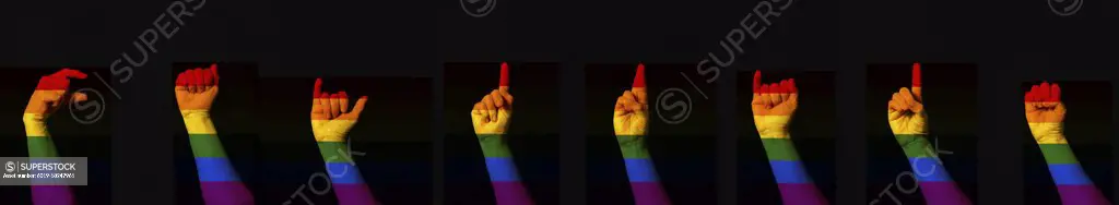 Word Gay Pride written with international sign language gesturin