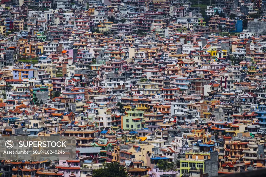 Kathmandu's cityscape featuring colourful colourful houses in Nepal