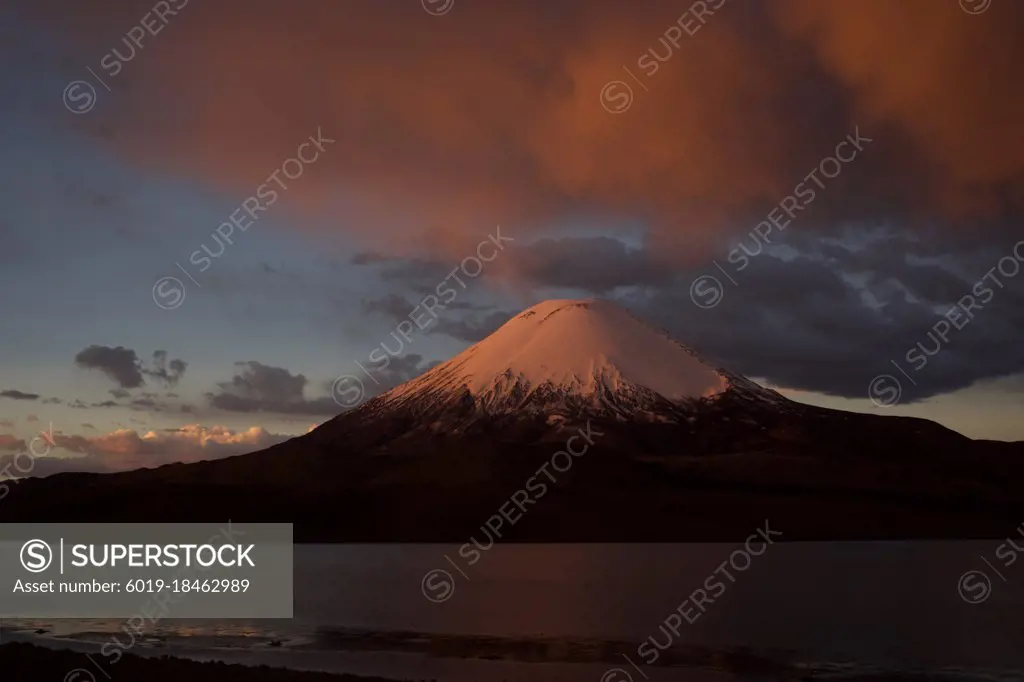 Parinacota volcano and húngara lake, Chilean highlands