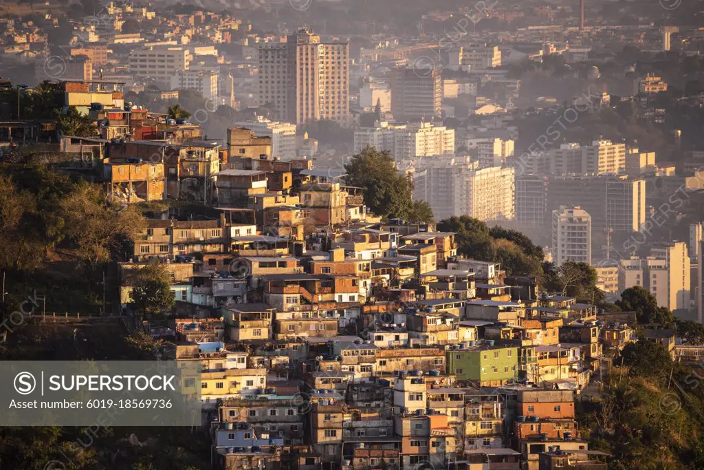 Beautiful sunrise view to favela on hillside in Rio de Janeiro