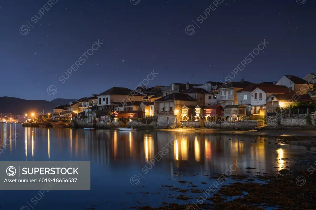 Combarro, beautiful fishing village at night in Galicia, Spain.