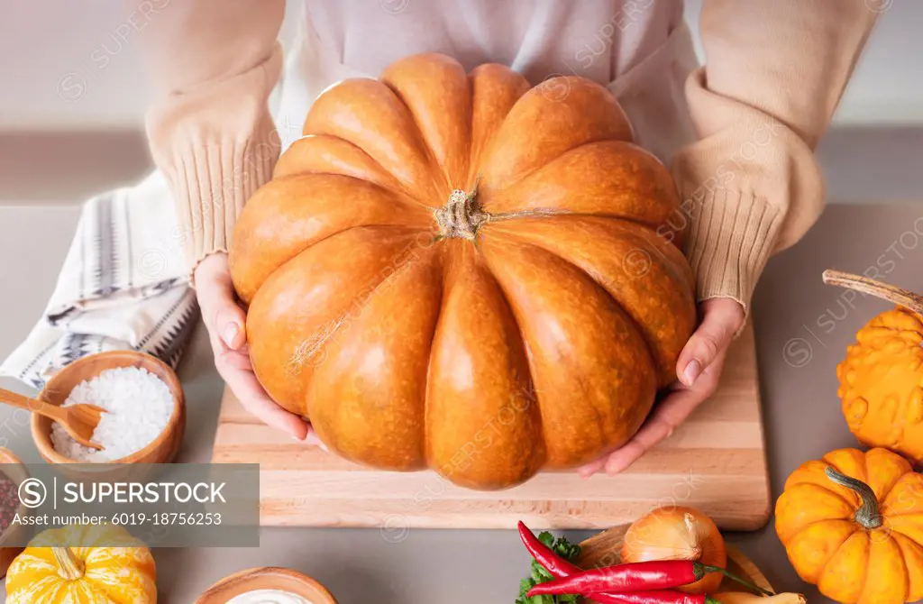 The woman is holding a large pumpkin for making soup.