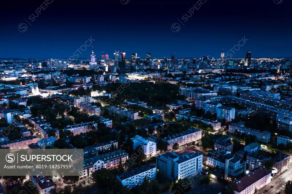 Night panorama of Warsaw city center, Poland. City Center. Europ