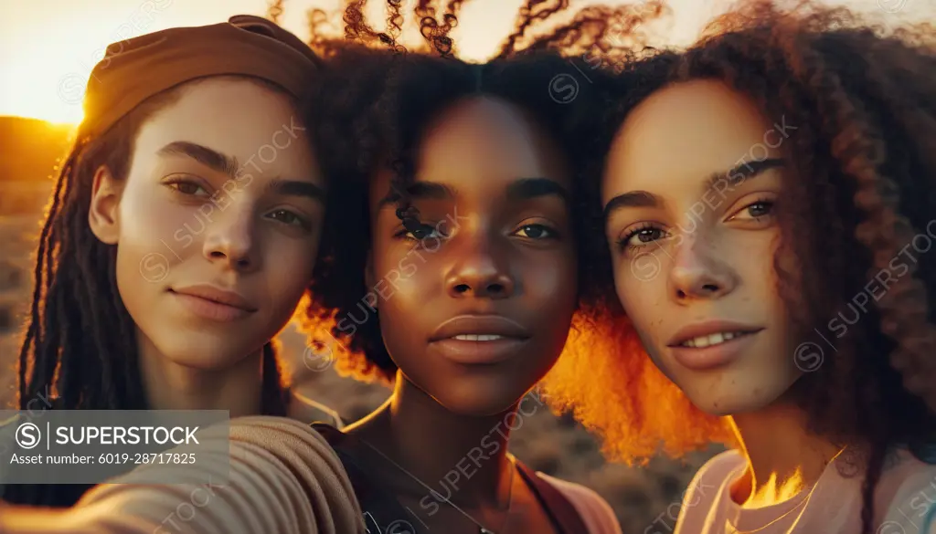 Womans pose for a photo selfie in front of a sunset. Generative AI