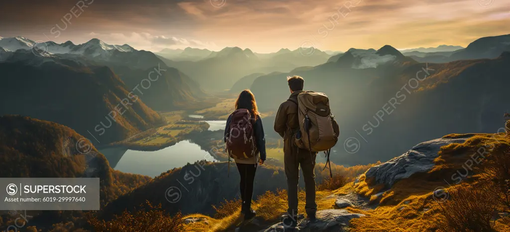 Image generative AI. couple standing on mountain looking landscape
