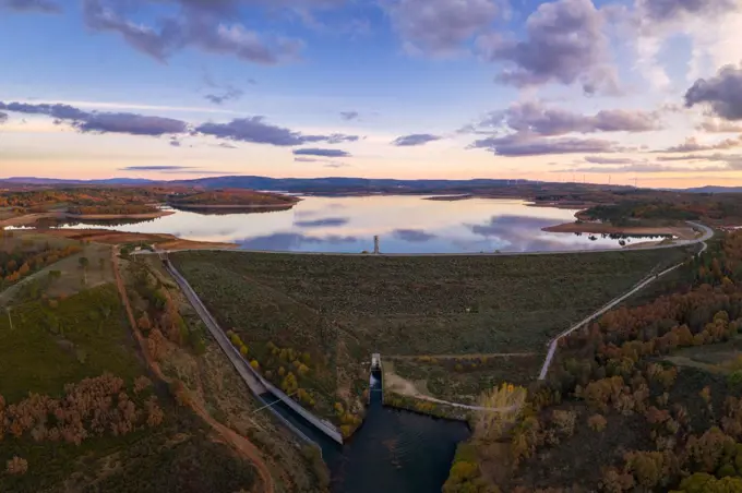 Drone aerial panoramic view of Sabugal Dam lake reservoir in Portugal