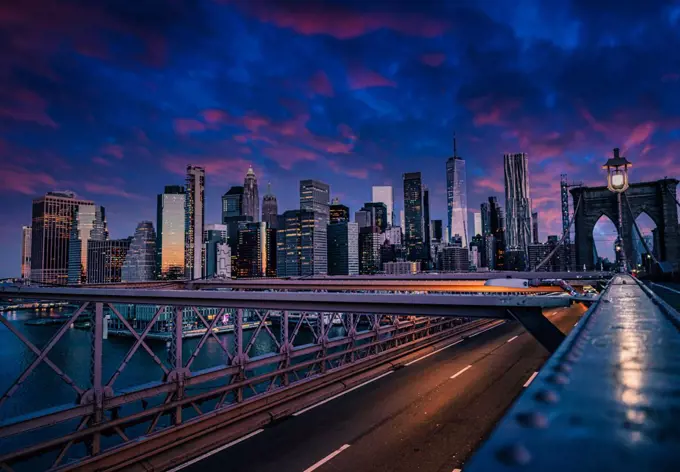 beautiful skyline New York colors sky clouds buildings city bridge