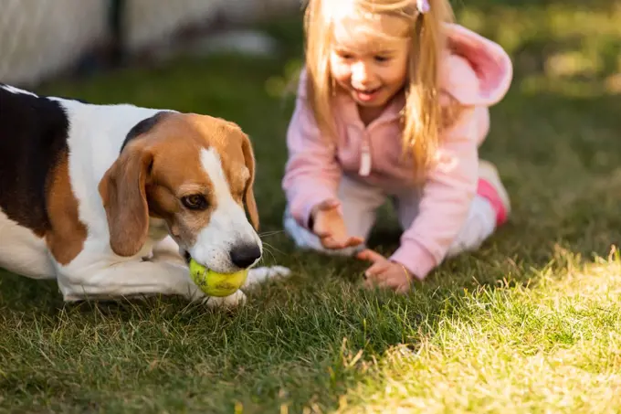 Child playing with dog on grass.