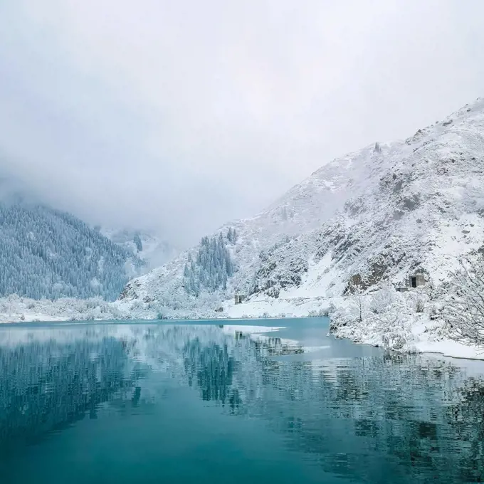 Landscape of a mountain lake in winter, square format