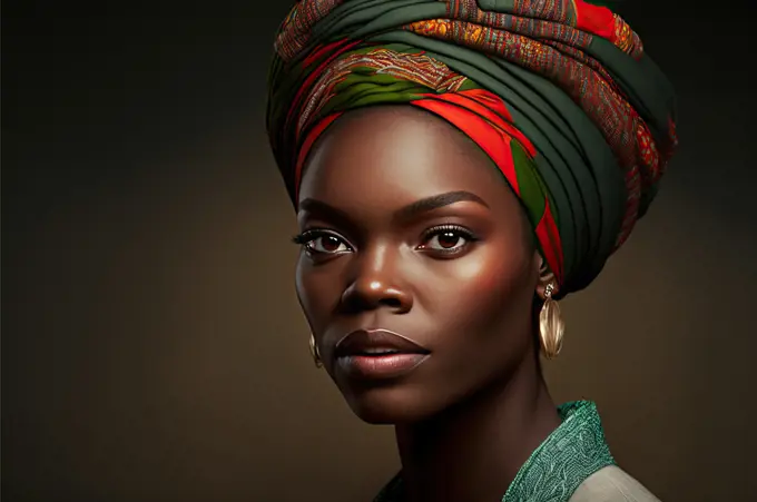 shot of a woman wearing a traditional african head wrap. Generative AI