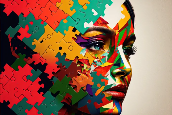 incomplete puzzle of a female face. Generative AI