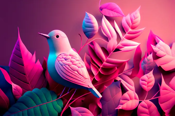 Design of a bird with leafs in pink and purple tones. AI generative.