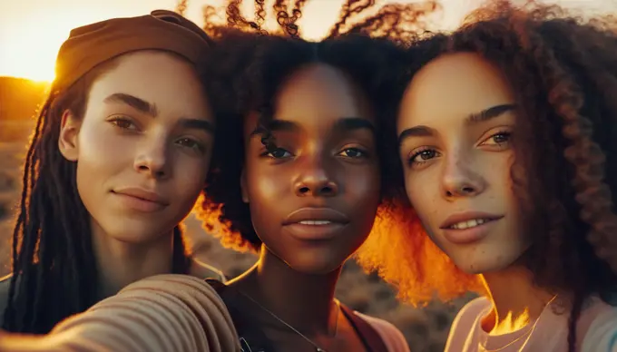 Womans pose for a photo selfie in front of a sunset. Generative AI