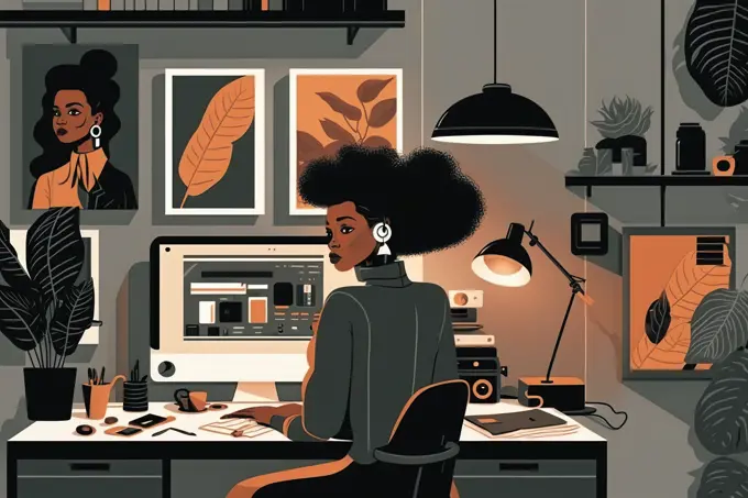 Illustration black businesswoman working in studio Generative AI