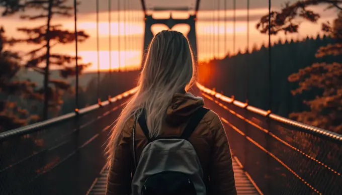 Image AI. Woman traveling about to cross a suspension bridge
