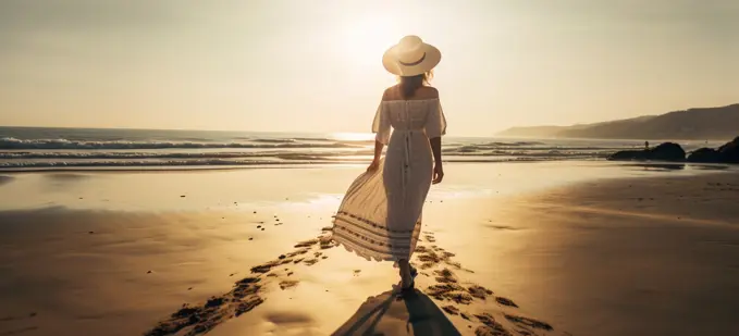 Image Generated AI. Woman walking on the beach in the morning