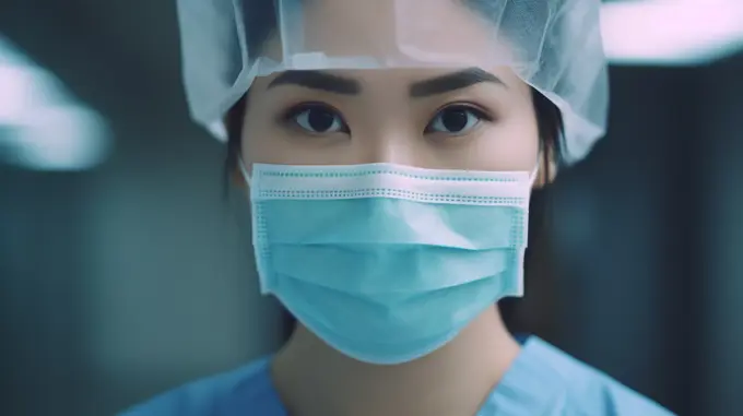 Image Generated AI. Asiatic female doctor with face protection