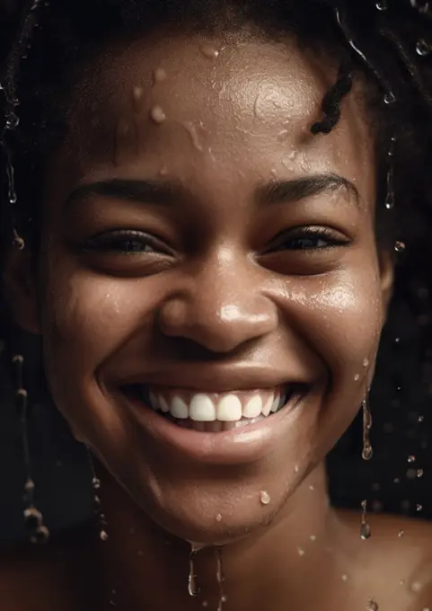 AI Generative. Cute African American splashes water to clean her face