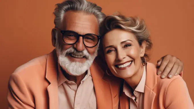 Image Generated AI. Middle aged happy couple on flat background