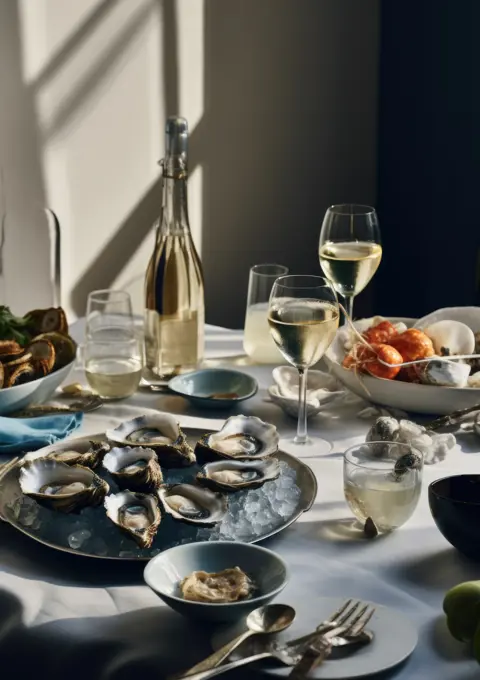 Fresh Oysters on ice in silver bowl and Champagne. Generative AI