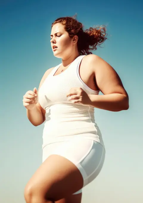 Young active plus size woman in sporty clothing running. AI Generative