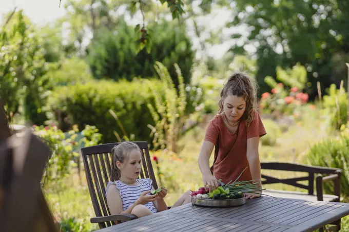 two girls in the summer garden behind the house eating vegetables