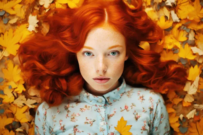 Portrait of a red-haired girl on autumn leaves, generative ai