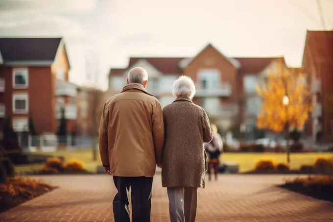 Elderly Couple Taking a Walk Outside During Autumn AI Generated