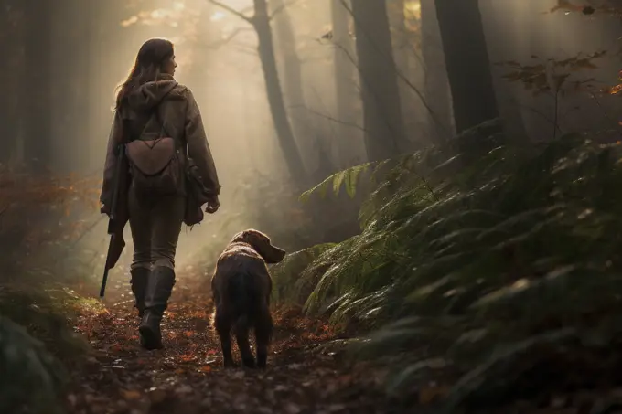 A female hunter walking through the woods with her dog