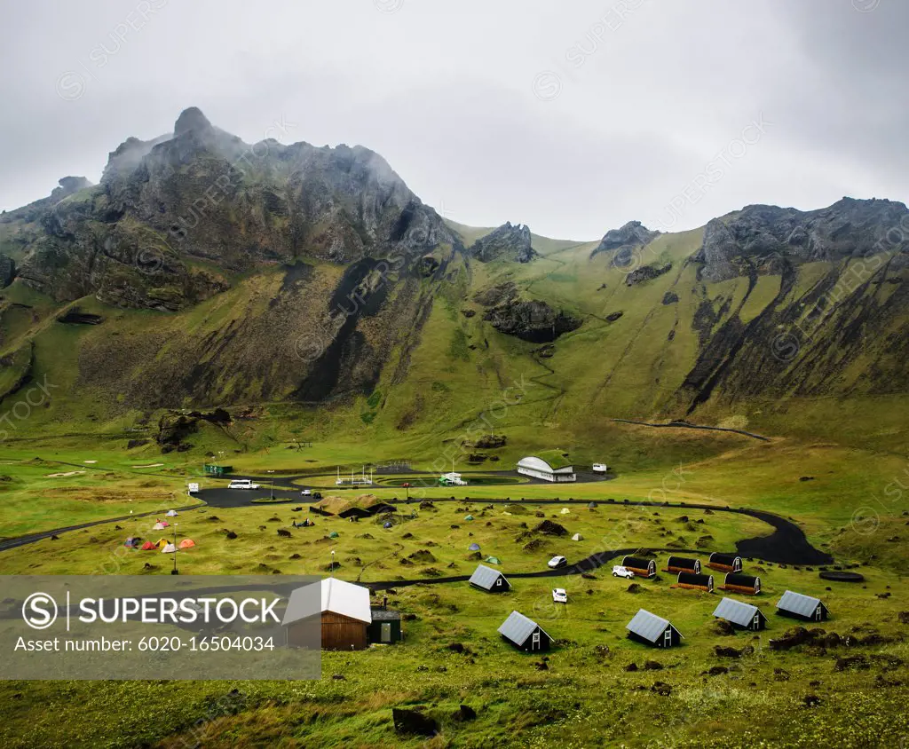 Small cabins in Herjólfsdalur valley on Heimaey island, Westman islands, Iceland, Scandinavia, Europe
