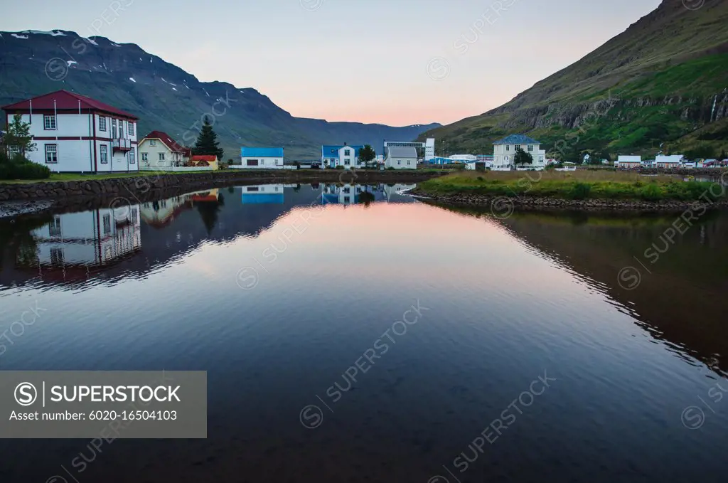 Lake in the town of Seydisfjordur, seyðisfjörður, Iceland, Scandinavia, Europe