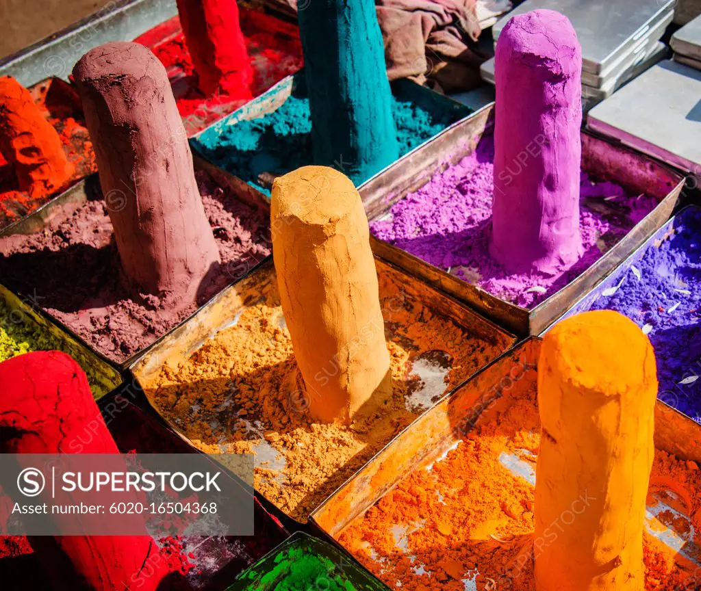 Colored pigments for sale at a market in Pushkar, India