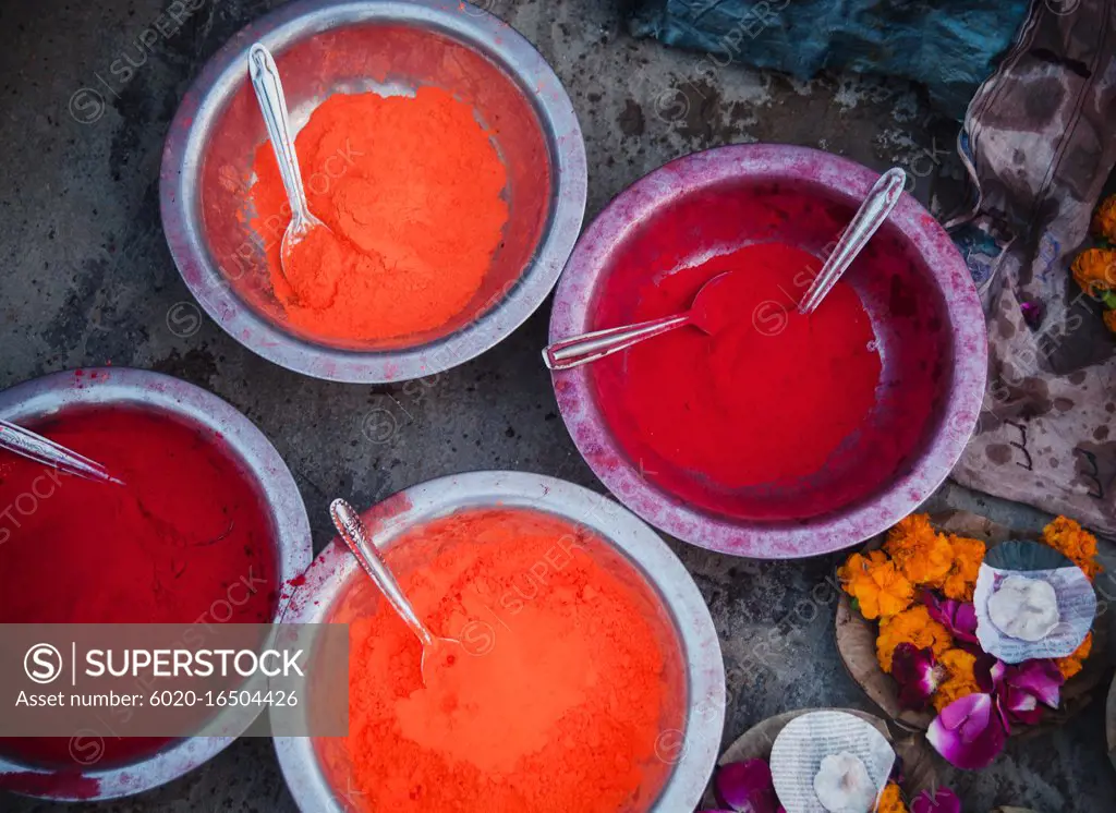 Colored pigments at a market in varanasi, India
