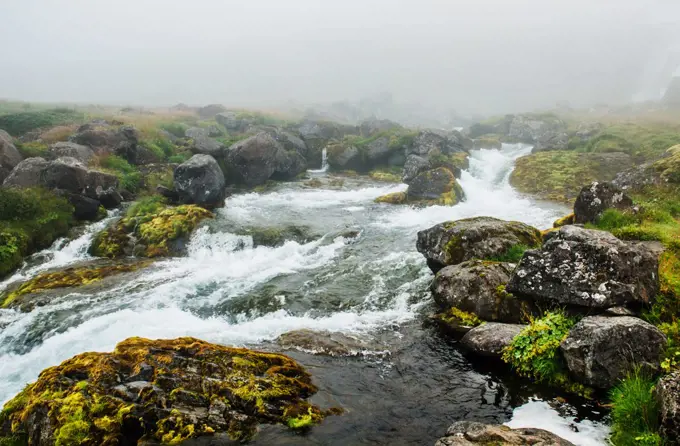 River running from Baejarfoss, Bæjarfoss waterfalls, Iceland, Scandinavia, Europe
