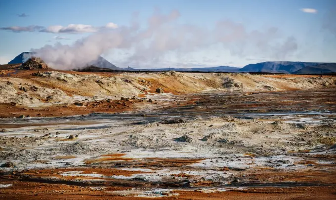 Hverir, a geothermal area known for its bubbling pools of mud & steaming fumaroles emitting sulfuric gas, Namafjall, Iceland, Scandinavia, Europe