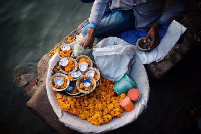 Prayer offerings for the Ganges River, Varanasi, India