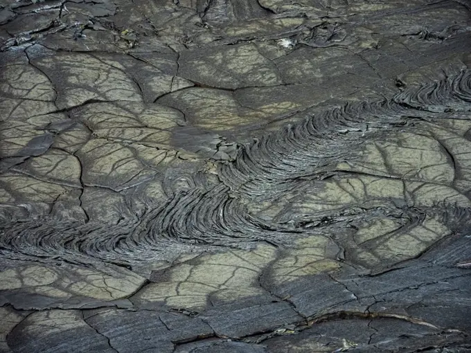 Pahoehoe lava filling valley around Fagradalsfjall Volcano, Iceland