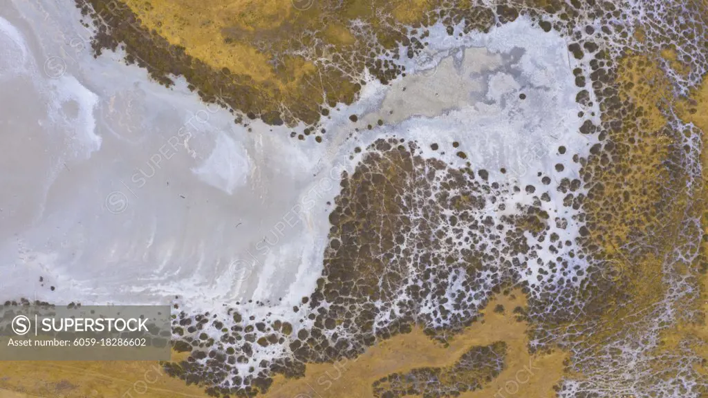 Aerial view of a water supply turned to salt by severe drought