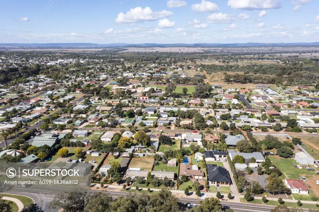 Drone aerial photograph of the township of Parkes in regional New South Wales in Australia