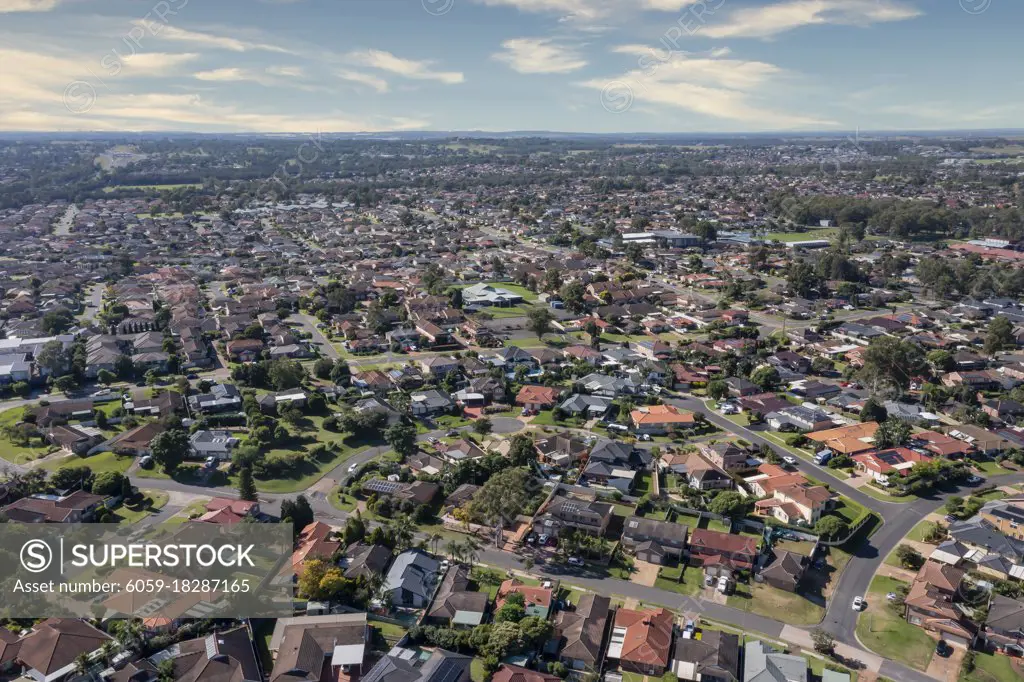 Aerial view of residential houses in the suburb of Glenmore Park in greater Sydney in New South Wales in Australia