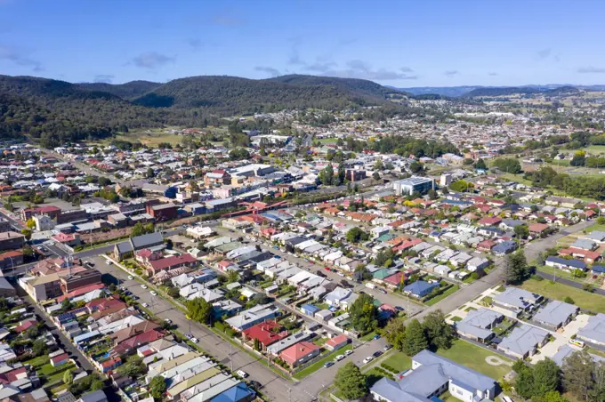 Aerial view of residential housing in the town of Lithgow in regional New South Wales in Australia