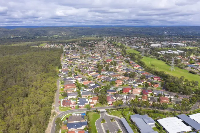 Aerial view of houses in the suburb of Glenmore Park in New South Wales in Australia