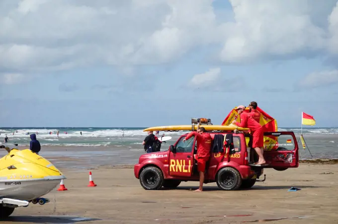 RNLI Lifeguards on duty at Bude in Cornwall