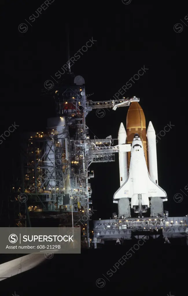 Space shuttle on a launch pad, Space Shuttle Challenger, Kennedy Space Center, Cape Canaveral, Florida, USA