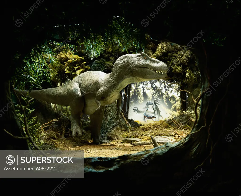 Tyrannosaur Watching Family Group Fighting an Ankylosaurus