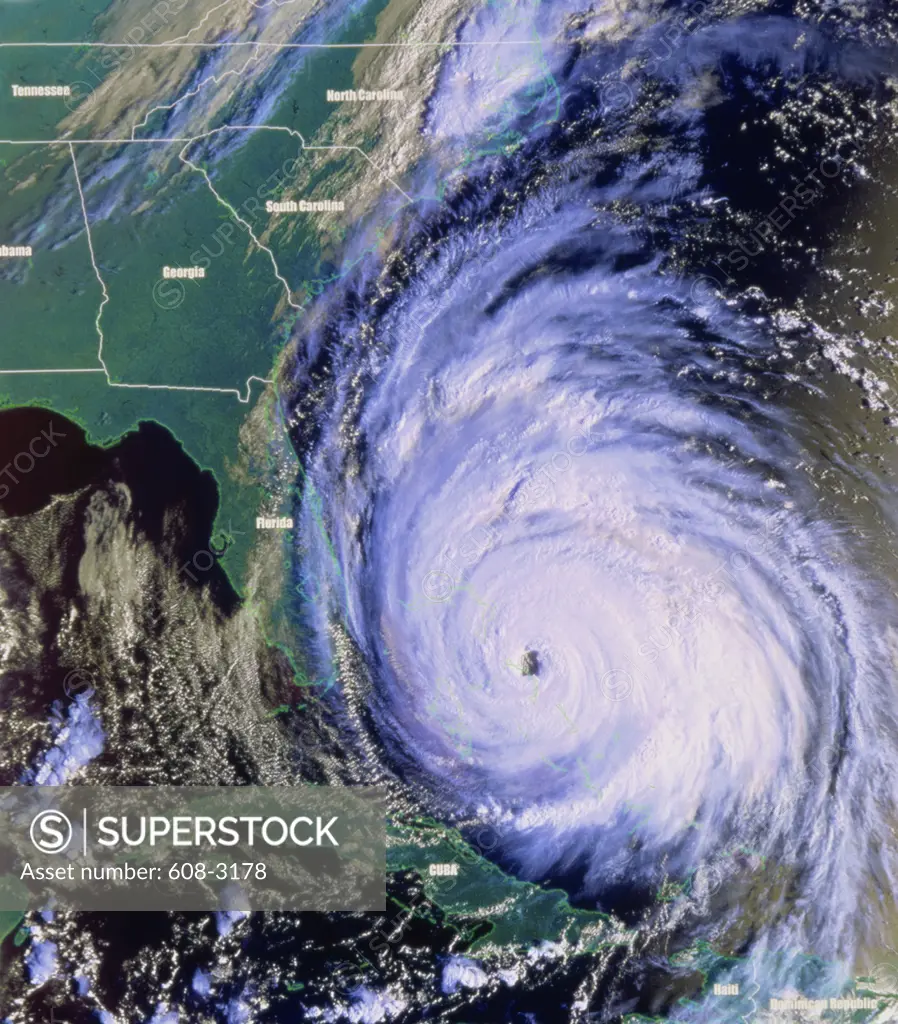 Satellite view of a hurricane in the Atlantic Ocean, USA