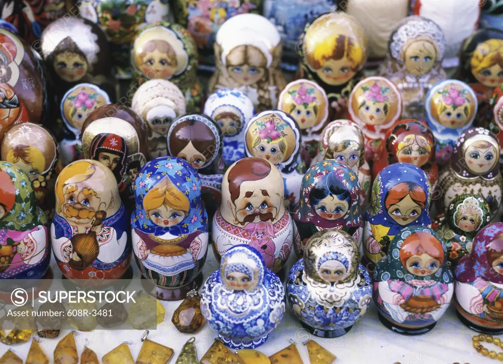 High angle view of a collection of Russian dolls