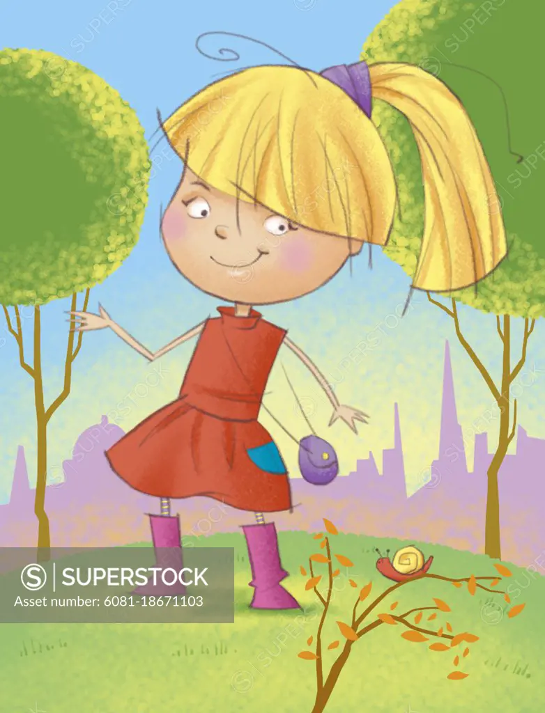 Young blonde girl illustration standing in park looking at snail