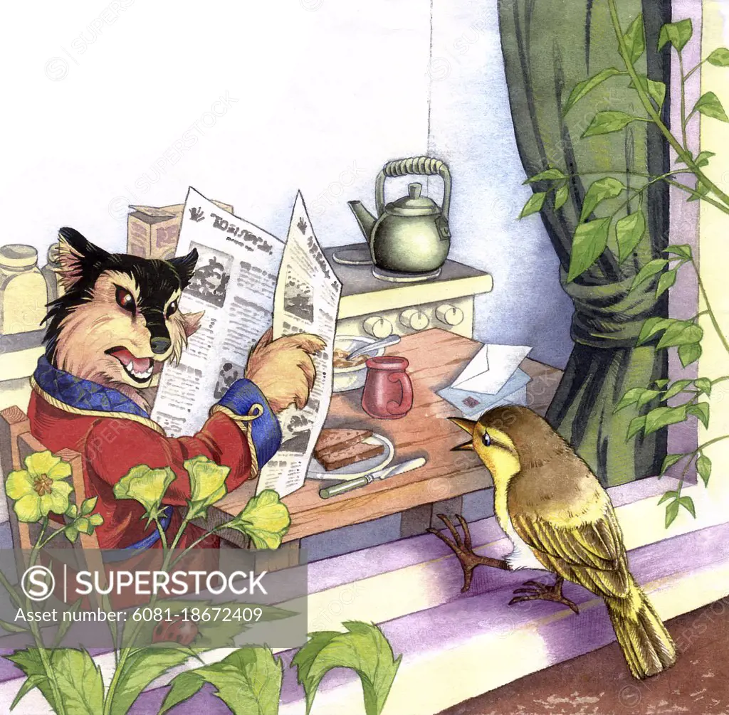 Wolf character looking at bird, while having breakfast and reading paper illustration. Watercolor and colored pencil. 