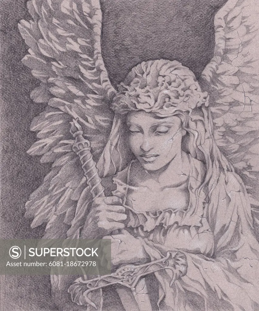 Stone angel holding double handed sword. Pencil drawing on colored pastel board.